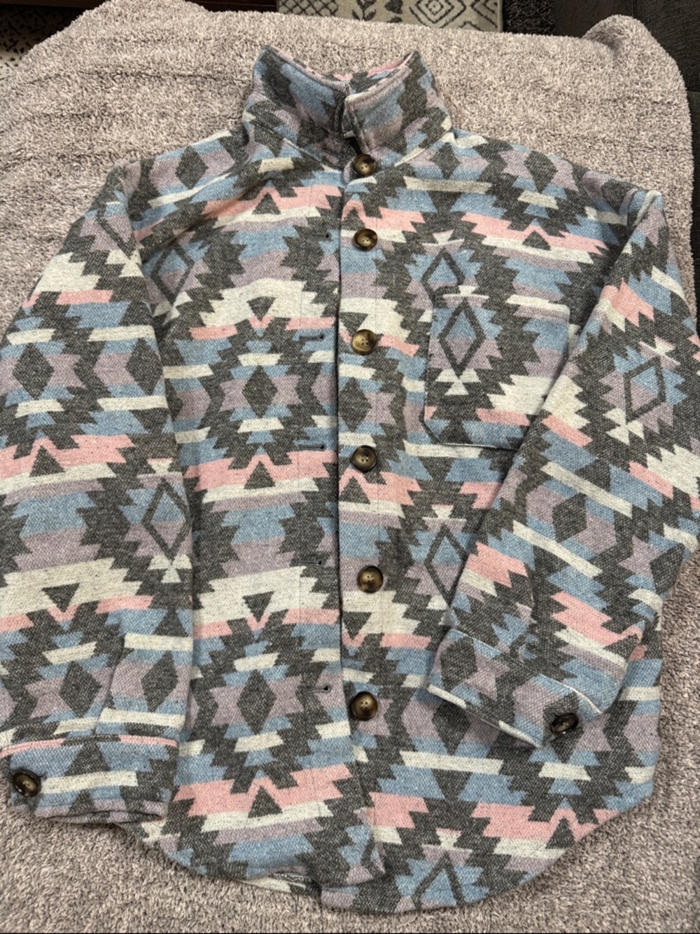 Woven Aztec-Print Button-Front Jacket in Pastel Grey and Pink